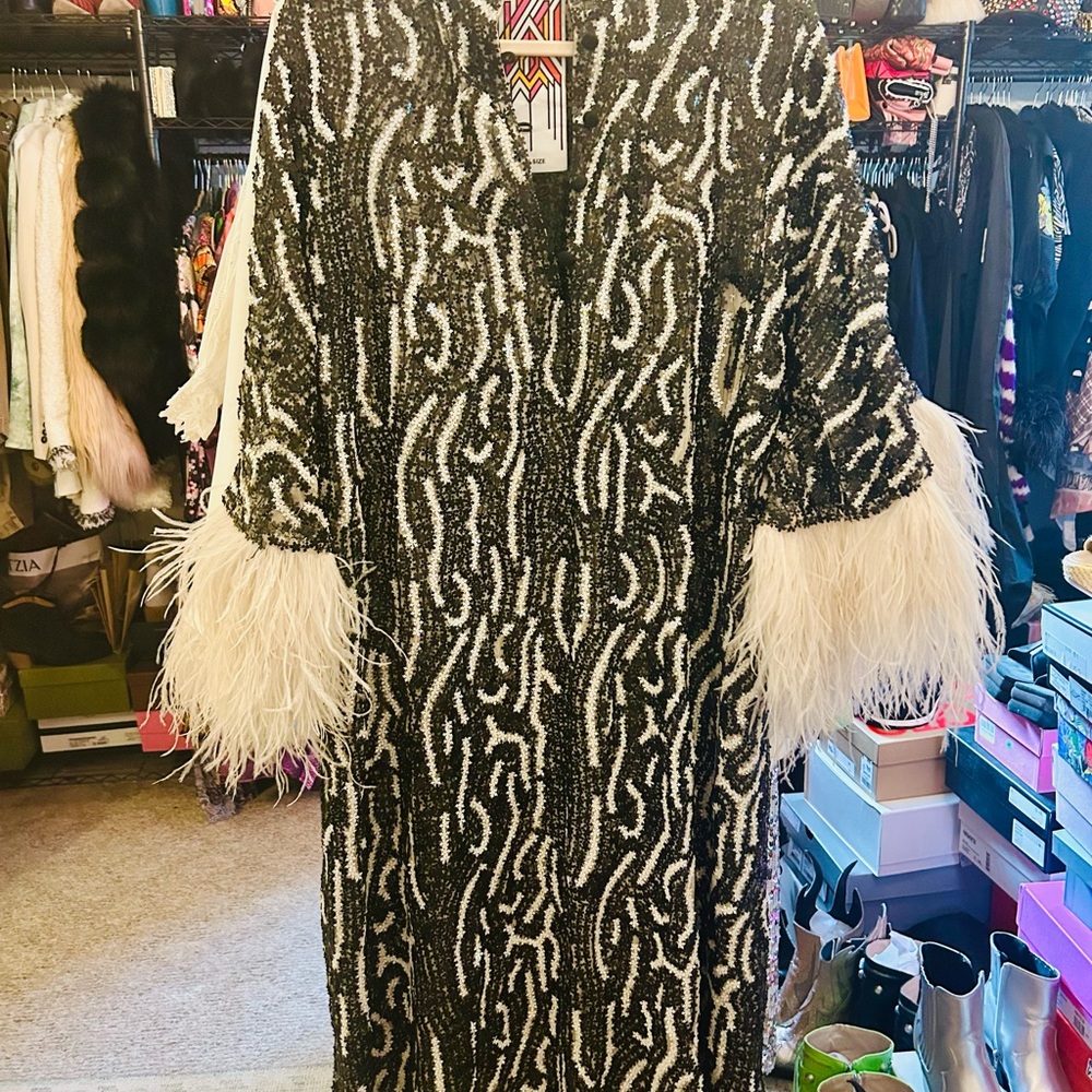 Black and White Patterned Dress with Feather Cuffs
